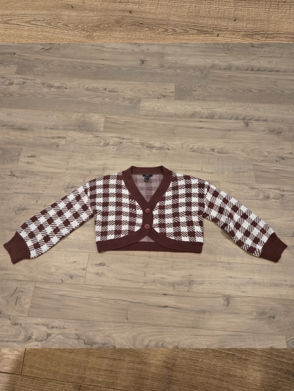 Houndstooth Puff Sleeve Knit Cardigan Maroon Cropped V-Neck size S